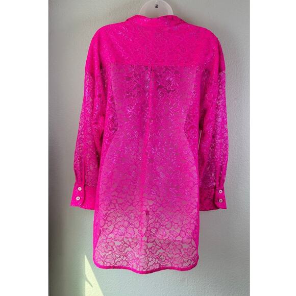 Anthropologie‎ hot pink lace button- up top Oversized MP Barbiecore NWT - Picture 2 of 7